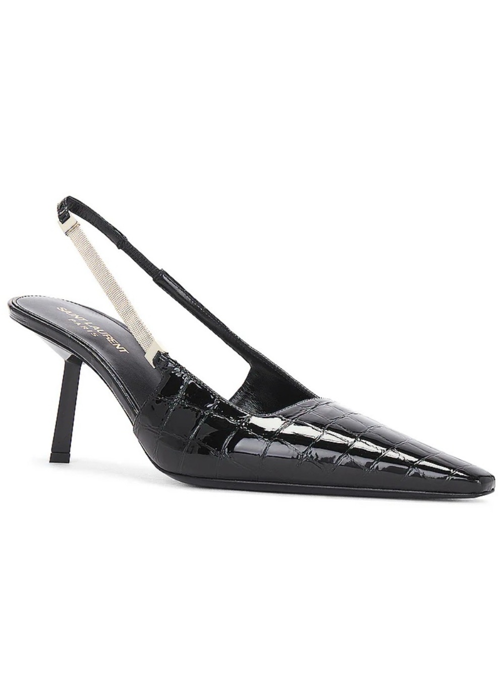 Saint Laurent Black Croc-Embossed Patent Slingback Pumps